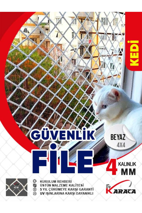 Kedi Balkon Güvenlik Filesi 1.7x12 Mt 4 mm İp Kalınlığı 4x4 Gözenekli + Montaj Malzemeleri
