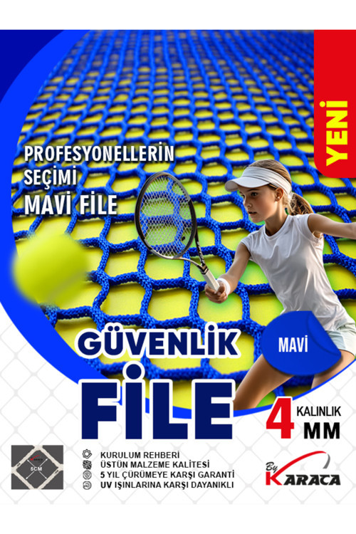 Mavi Güvenlik File 1.5x7 M – 4 mm Kalın İp 5x5Cm Göz Aralığı + Montaj Malzemeleri
