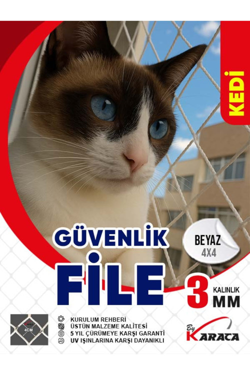 Kedi Balkon Güvenlik Filesi 1.5x5 Mt 3 mm İp Kalınlığı 4x4 Gözenekli + Montaj Malzemeleri