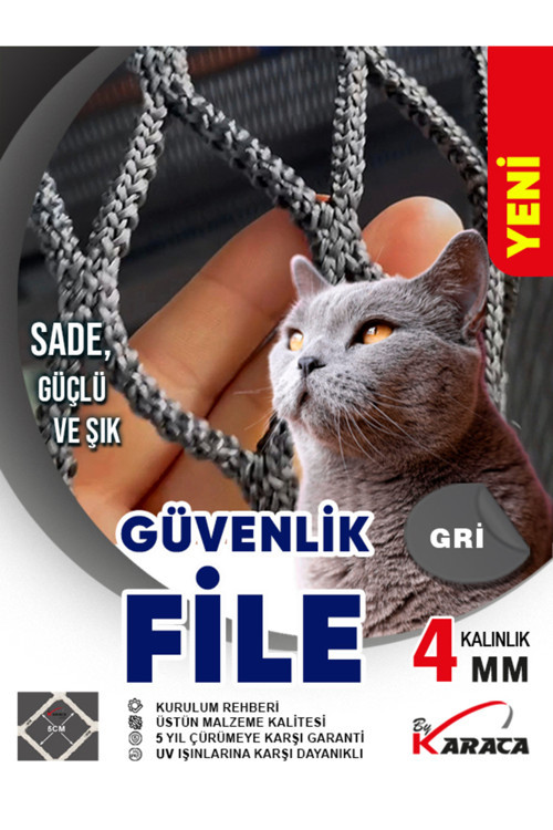 Gri Güvenlik File 1.5x4M – 4 mm Kalın İp 5x5Cm Göz Aralığı + Montaj Malzemeleri