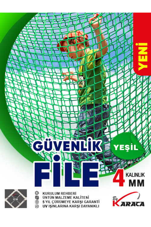 Yeşil Güvenlik File 2.5x8 M – 4 mm Kalın İp 5x5Cm Göz Aralığı + Montaj Malzemeleri