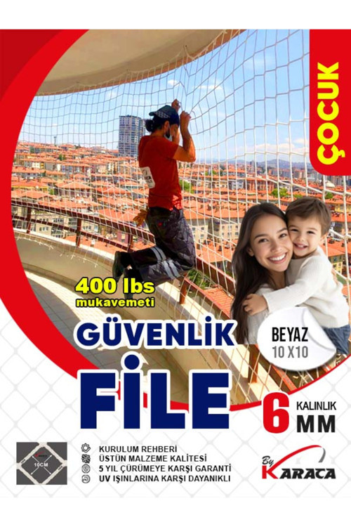 2.5x7 Mt Balkon Çocuk Güvenlik Filesi - 6 mm Kalınlık 10x10 Gözenek + Montaj Aparatları-Çelik Dubel