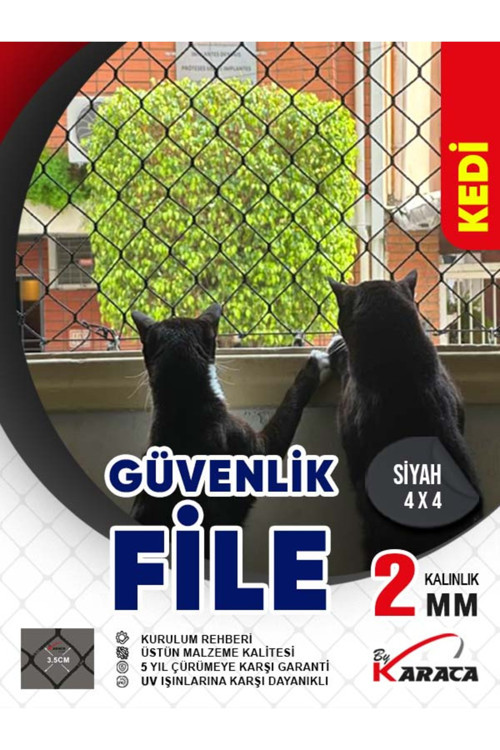 Kedi Güvenlik Filesi 3x12 Metre - Siyah Renk 2 mm Ip Kalınlığı 4x4 Cm Gözenek +Montaj Aparatları