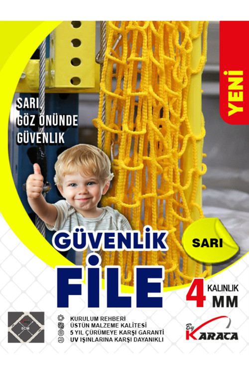 Sarı Güvenlik File 2.5x4 M – 4 mm Kalın İp 5x5Cm Göz Aralığı + Montaj Malzemeleri