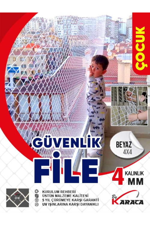 Çocuk Balkon Güvenlik Filesi 1.5x10 Mt 4 mm İp Kalınlığı 4x4 Gözenekli + Montaj Aparatları