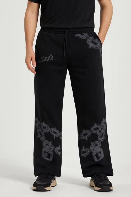 Erkek Üç İplik Pamuklu Baskılı Cepli Jogger Buggy Pantalon Oversize Kalıp - Siyah