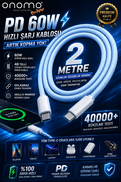 Techno 60W Hızlı Şarj 2 Metre Örgü Kablo Type-C Şarj Kablosu Iphone, Samsung, Xiomai, Huawei