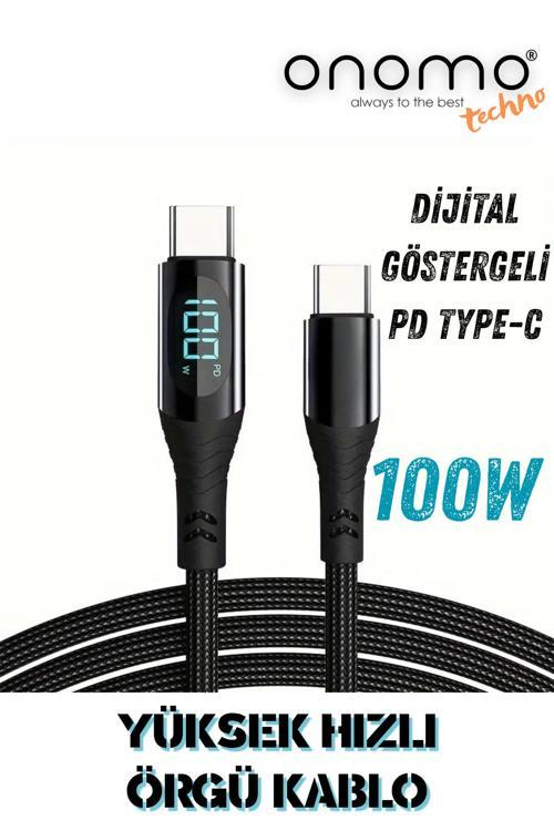 Techno 100W Type-C Dijital Göstergeli Şarj Ve Veri Kablosu, Örgülü, 120Cm , Siyah