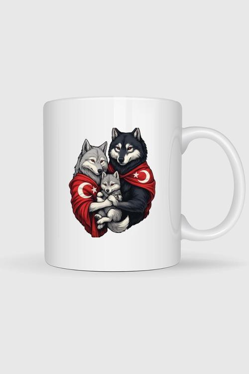  Anne - Baba Ve Çocuk Turan Kurt Ve Türk Bayrağı Baskılı Kupa Bardak