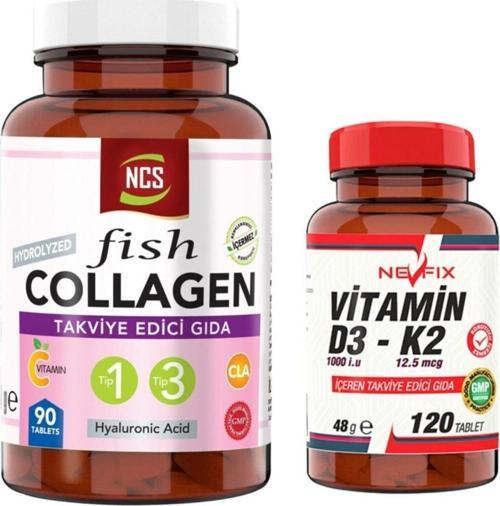 Kollajen Tip 1-3 90 Tablet & Nevfix Vitamin D3-K2 120 Tablet