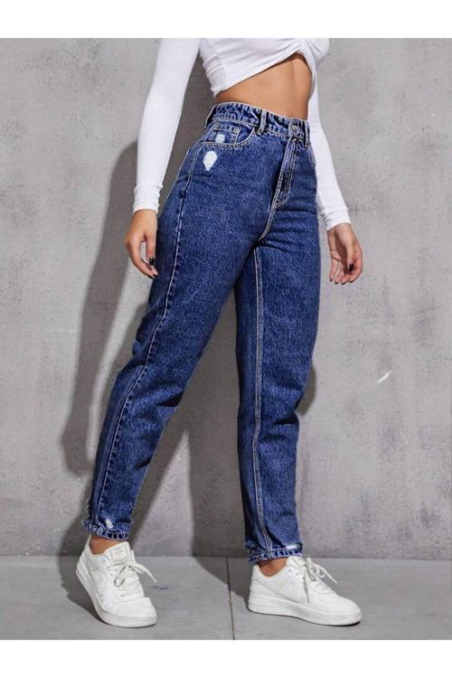 Kadın Koyu Mavi Denim Pantolon Yıpratmalı