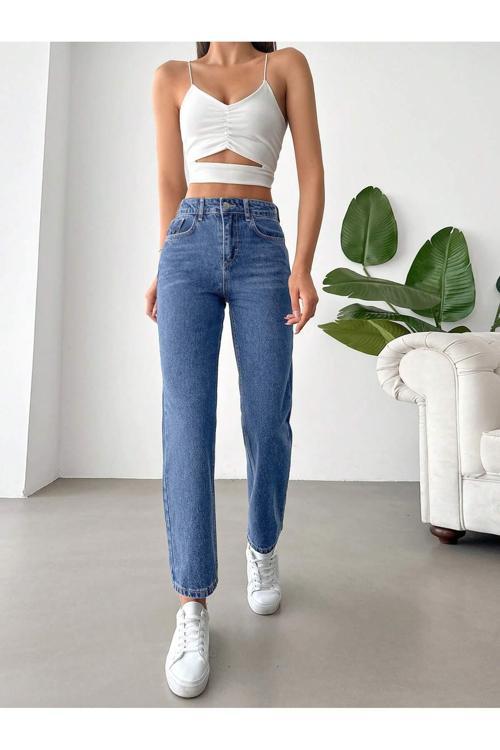 Yüksek Bel Koyu Yıkamalı Kadın Denim Pantolon