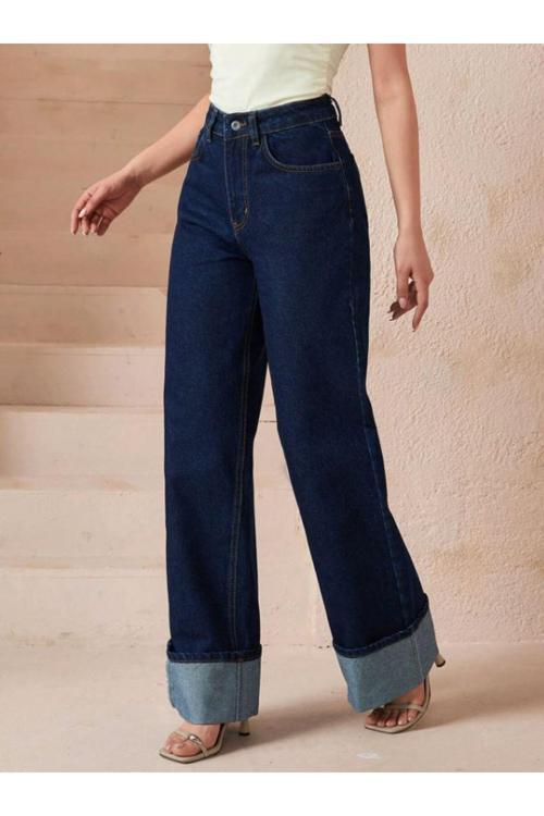 Kadın Lacivert Katlı Paça Denim Pantolon
