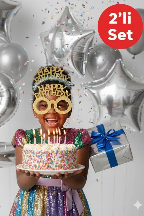 Gold Happy Birthday Simli Doğum Günü Taç ve Gözlük Seti – 2’li Parti Aksesuarı Fotoğraf Konsepti