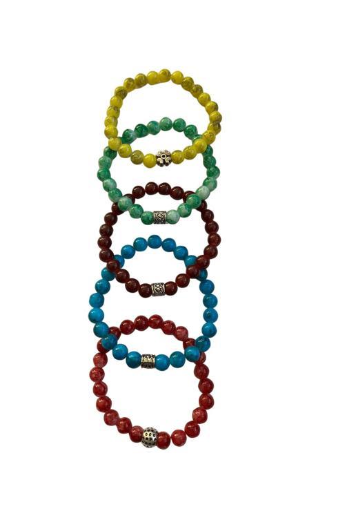 Renkli Doğal Taş Görünümlü Boncuk Bileklik – 5’Li Esnek Bileklik Seti