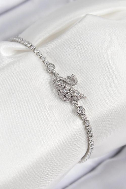 Pirinç Zirkon Taşlı Kuğu Model Gümüş Renk Kadın Bileklik