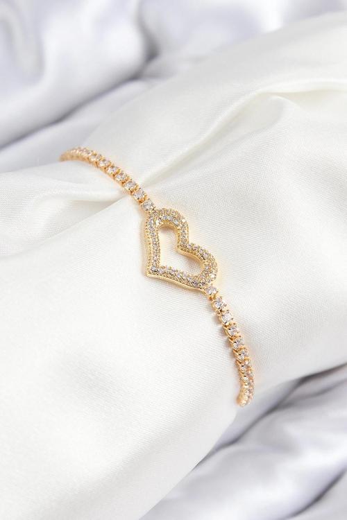 Pirinç Zirkon Taşlı Kalp Model Gold Renk Asansörlü Kadın Bileklik