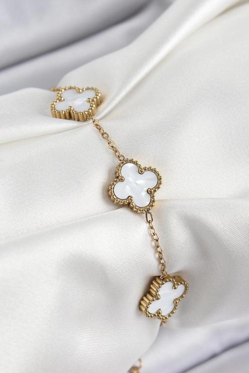 316L Çelik Beyaz Sedef Yonca Model Gold Renk Kadın Bileklik