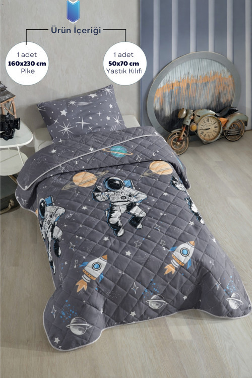 Astronot Desenli Çocuk-Genç Odası Tek Kişilik Pike-Yatak Örtüsü Takımı 160 X 230 Cm (Çarşafsız)