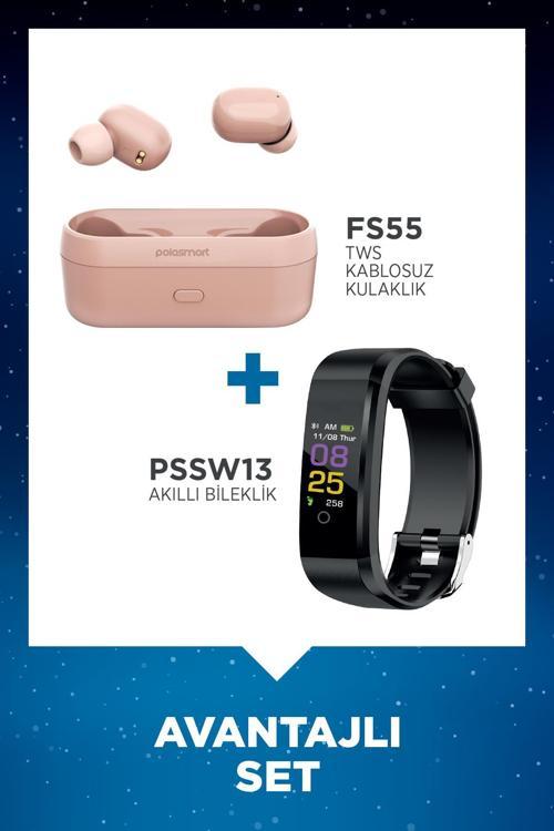 FS55 Kablosuz Kulaklık Pembe + Polosmart PSSW13 Akıllı Bileklik Siyah Set