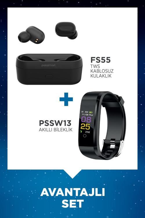 FS55 Kablosuz Kulaklık + Polosmart PSSW13 Akıllı Bileklik Set Siyah
