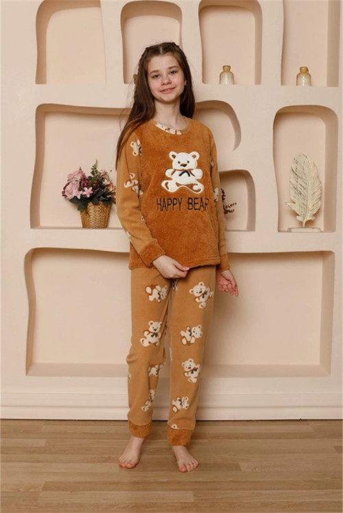 Giyim Kız Çocuk WelSoft Polar Pijama Takımı Sütlü Kahve