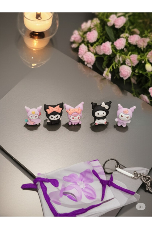 Sanrio Kuromi Mini Figür Yüzük Seti / Kuromi Karakterli Çocuk Yüzükleri 5 Adet