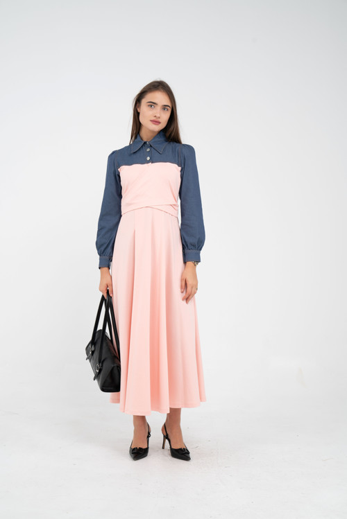 Denim Detaylı Uzun Elbise K1721