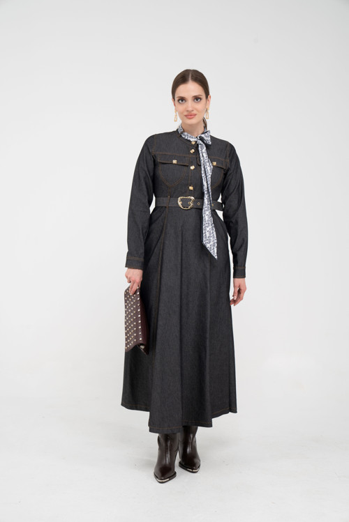 Kuşak Detaylı Denim Elbise K1733