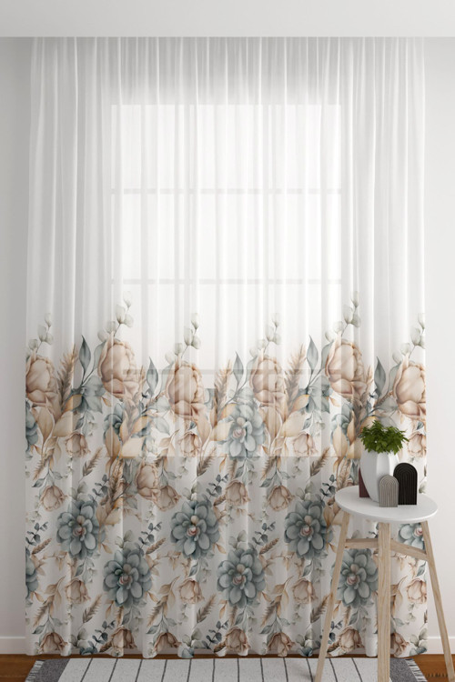 Tül Perde Seyrek Pile (1 X 3) Gold Ve Mavi Çiçek Desenli Salon & Oturma Odası Tül Perde