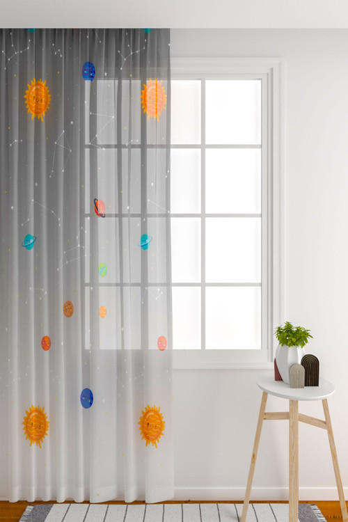 Tül Perde Sık Pile (1X3) Çocuk Odası Tül Perde Çocuk Odası Gri Perde Gezegen Desenli Perde