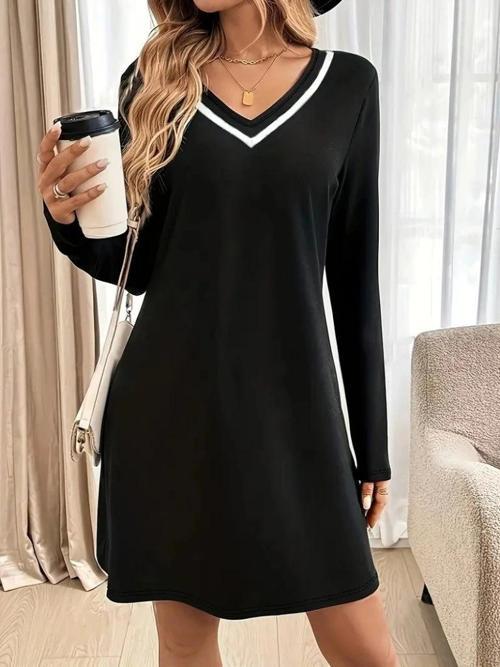 MDB Kadın Uzun Kollu V şerit Yakalı Kısa Viskon Iki Iplik Elbise