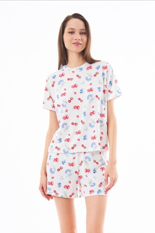 Premium  Şortlu Kadın Pijama Takımı Meyve Desenli Yumuşak Dokulu Bisiklet Yaka Kısa Kollu