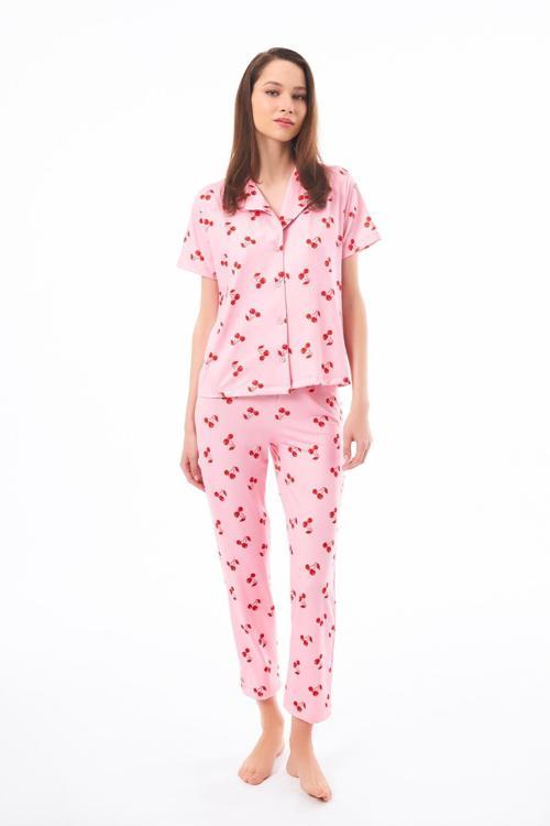 Premium Kadın Pijama Takımı Kiraz Desenli Yumuşak Dokulu Kısa Kollu Gömlek Yaka