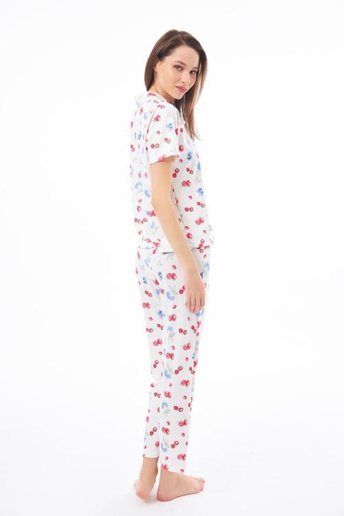 Premium Kadın Pijama Takımı Meyve Desenli Yumuşak Dokulu Kısa Kollu Gömlek Yaka