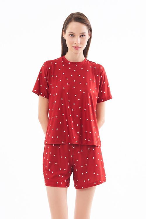 Premium Şortlu Kadın Pijama Takımı Kırmızı Kalp Desenli Yumuşak Dokulu Bisiklet Yaka Kısa Kollu