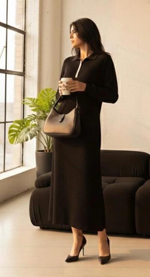 Pantolon yırtmaçlı elbise ikili triko takım siyah elf