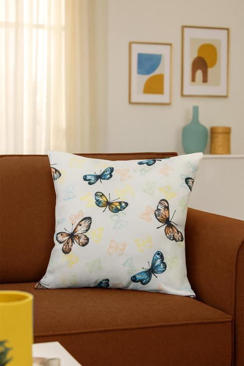 Duck Kelebekli Kırlent Kılıfı Bej Sarı V1 40x40