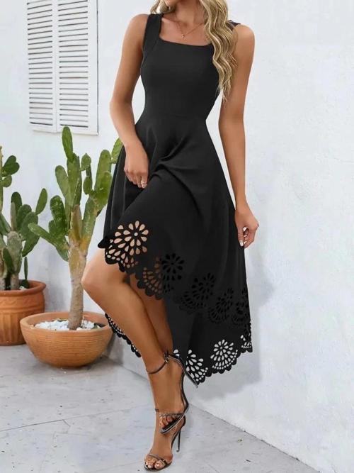 MDB Kadın Askılı Geometrik Yaka çiçek Lazer Kesim Ithal Krep Elbise