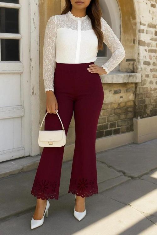 MDB Kadın Yüksek Bel Paçaya Doğru Genişleyen Lazer çiçek Kesim Detaylı Ithal Krep Pantolon