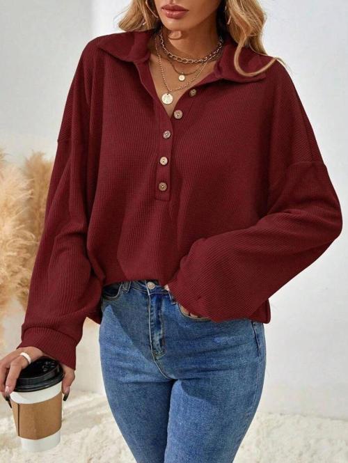 MDB Kadın Uzun Kollu Yakalı Düğmeli Salaş Waffle Bluz