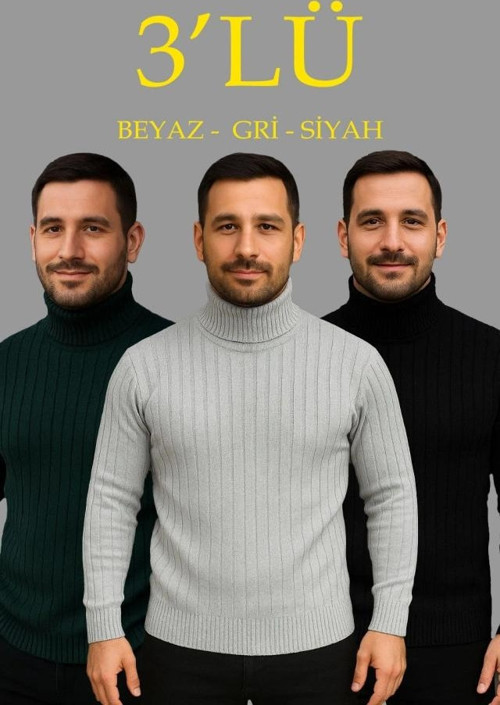 MDB Erkek Fitilli Triko Kazak 3lÜ et Gri Haki iyah Regular Balıkcı Yaka Tam Boğazlı Triko eti odeli