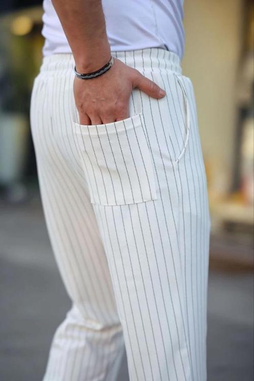 MDB Erkek Cizgili Dokuma Krep Jogger Buggy Pantalon Rahat Kalıp Beyaz