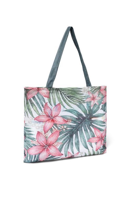 Yeşil Pembe Çiçek Desen File Plaj Çantası
