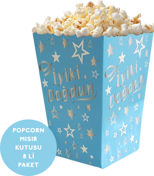 Mavi Gümüş Yıldızlı İyiki Doğdun Temalı Popcorn Mısır Kutusu 8 li Paket
