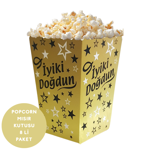 İyiki Doğdun Temalı Altın Siyah Yıldızlı Popcorn Mısır Kutusu 8 li Paket