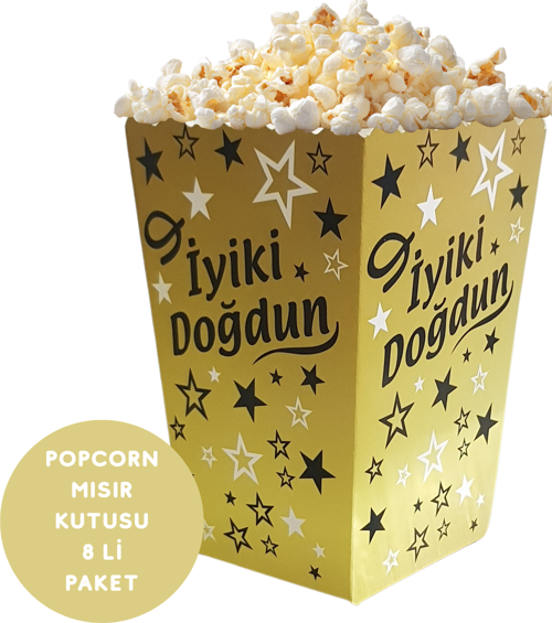 İyiki Doğdun Temalı Altın Siyah Yıldızlı Popcorn Mısır Kutusu 8 li Paket
