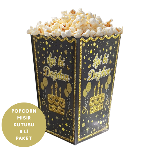 Siyah Altın İyiki Doğdun Temalı Popcorn Mısır Kutusu 8 li Paket