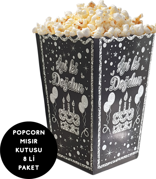Siyah Gümüş İyiki Doğdun Temalı Popcorn Mısır Kutusu 8 li Paket