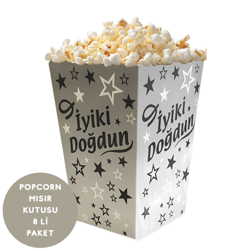 İyiki Doğdun Temalı Gümüş Siyah Yıldızlı Popcorn Mısır Kutusu 8 li Paket
